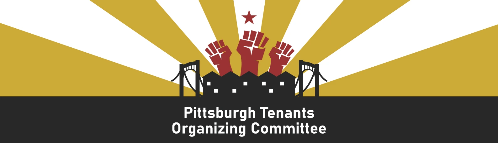 Pittsburgh Tenants Organizing Committee banner with raised fists above the Pittsburgh skyline and bridges